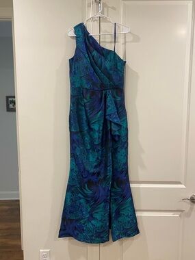 Adrianna Papell Teal & Navy One-Shoulder Floral Gown